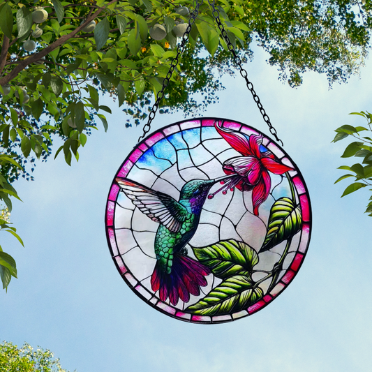 Stained Glass Suncatcher Hummingbird Hanging Round Orbit Garden Bird Decoration