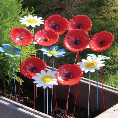 Metal Flower Garden Stakes Poppy Daisy Forget-Me-Not - 34cm