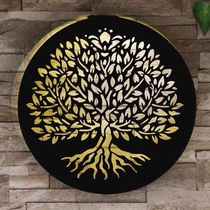 Panneau mural solaire rond en métal à LED, motif arbre de vie, décoration de jardin