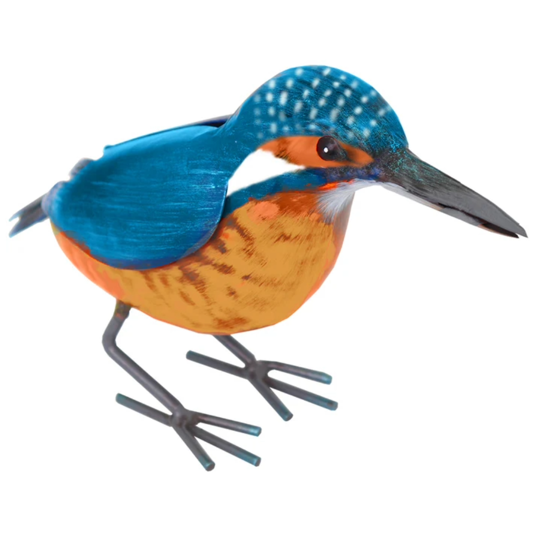 Sculpture d'oiseau martin-pêcheur en métal – Décoration de jardin peinte à la main
