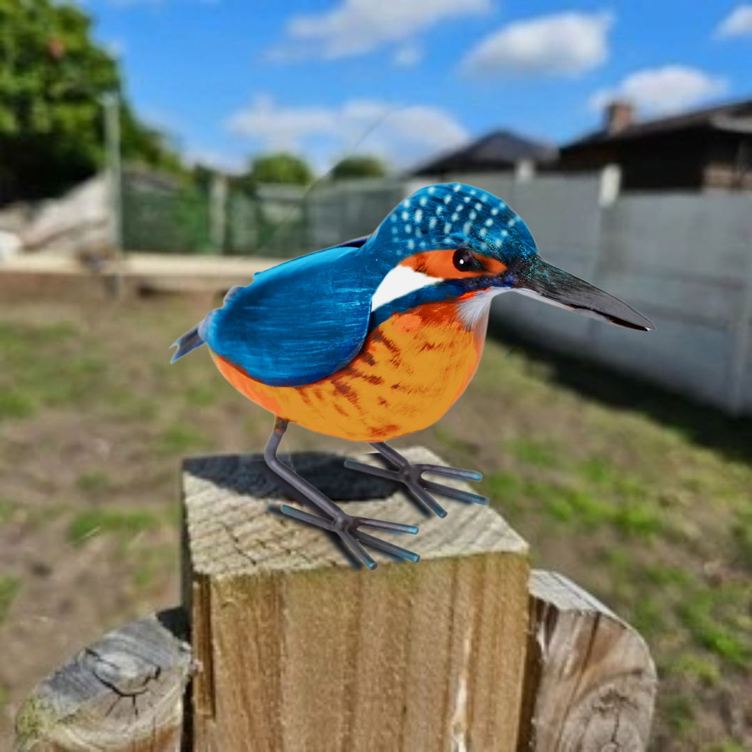 Sculpture d'oiseau martin-pêcheur en métal – Décoration de jardin peinte à la main