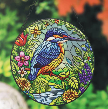 Stained Glass Suncatcher Kingfisher Hanging Round Orbit Garden Bird Decoration