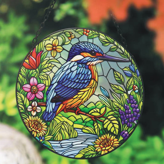 Stained Glass Suncatcher Kingfisher Hanging Round Orbit Garden Bird Decoration