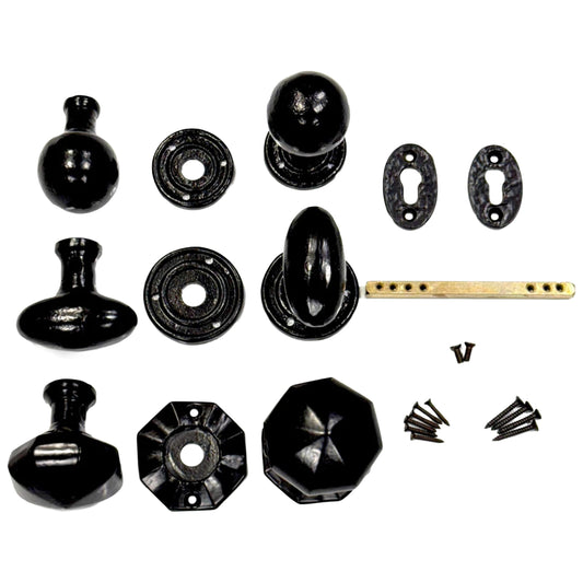 Black Antique Cast Iron Rim Door Knob Set - Internal Mortice Door Furniture