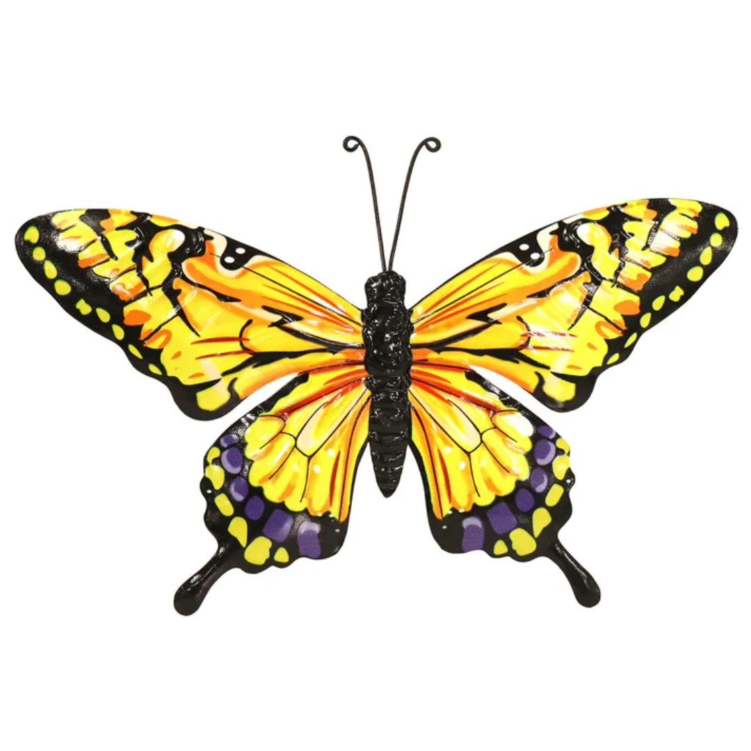 Large Butterfly Wall Art Yellow Orange - Metal Garden Fence Decoration 32 x 49cm