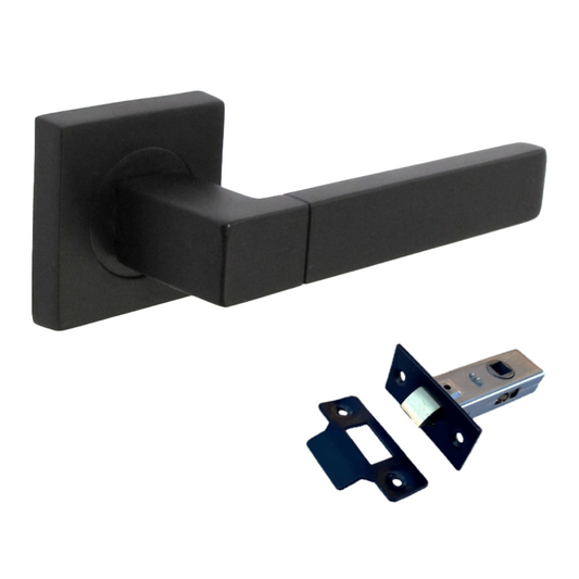 Cafri Line Door Handle Matt Black Lever on Square Rose Internal Wooden Handles + 64mm Latch