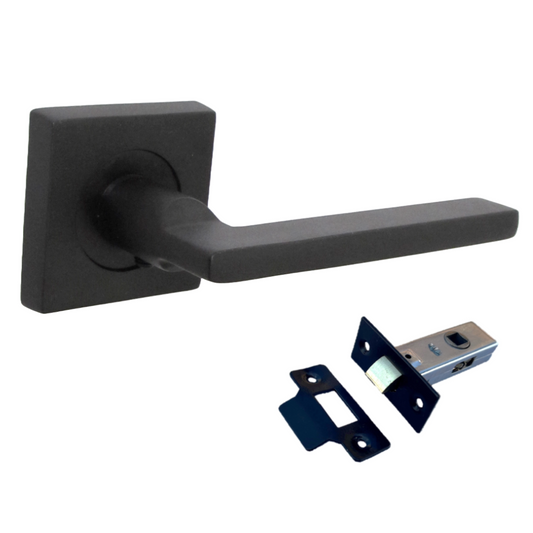 UNO Door Handle Matt Black Lever on Square Rose Internal Wooden Doors Handles + 64mm Latch