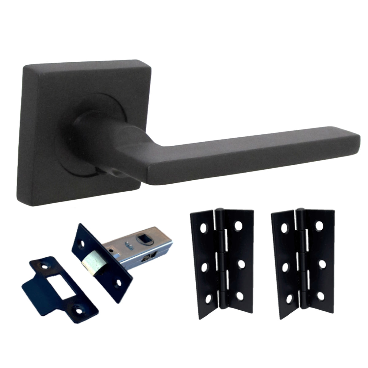 Marketplace JPG companion for UNO Door Handle Matt Black Lever on Square Rose Internal Wooden Handles + 64mm Latch & Hinges