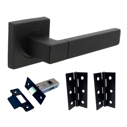 Cafri Line Door Handle Matt Black Lever Square Rose Internal Handles + 64mm Latch & Hinges