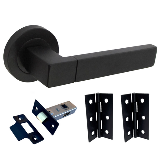 Cafri Line Door Handle Rectangular Matt Black Lever Rose Internal Handles + 64mm Latch & Hinges