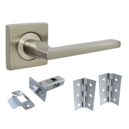 Poignée de porte UNO en nickel satiné, levier moderne sur rosace carrée, poignées intérieures + loquet et charnières de 64 mm