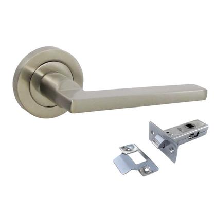 Poignée de porte UNO moderne en nickel satiné avec rosace et loquet de 64 mm
