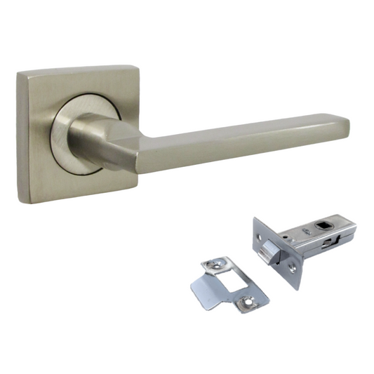 UNO Door Handle Satin Nickel Modern Lever on Square Rose Internal Handles + 64mm Latch