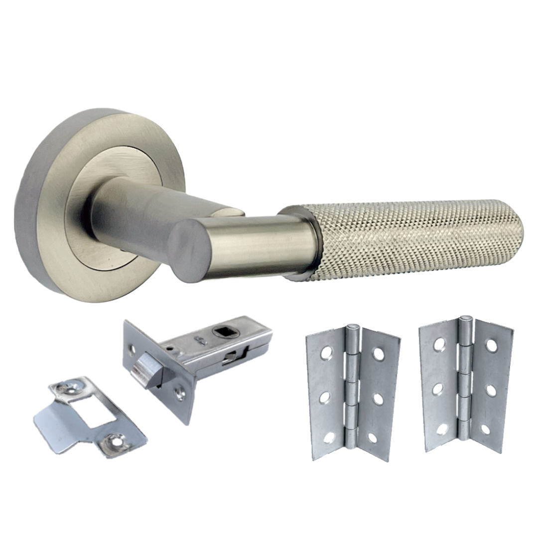Knurled Turning Door Handles Satin Lever on Round Rose Latch Set