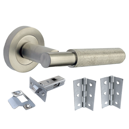 Knurled Turning Door Handles Satin Lever on Round Rose Latch Set