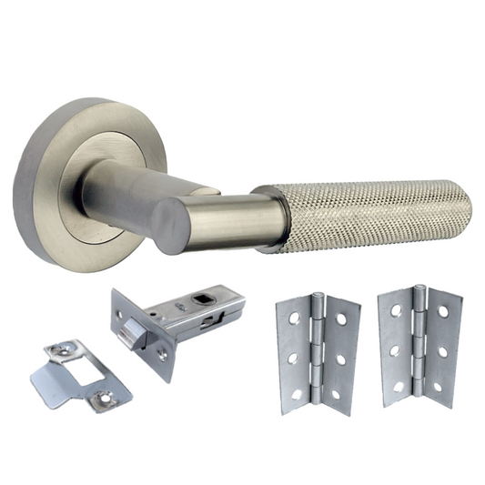 Knurled Turning Door Handles Satin Lever on Round Rose Latch Set