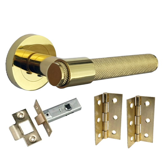 Knurled Door Handles Polished Brass Loop & Neck Lever on Rose Latch Set