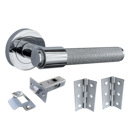 Knurled Door Handles Chrome Loop & Neck Lever on Rose Latch Set