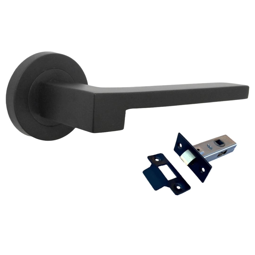Poignée de porte UNO-3 moderne noire mate à levier sur rosace pour portes intérieures + loquet de 64 mm
