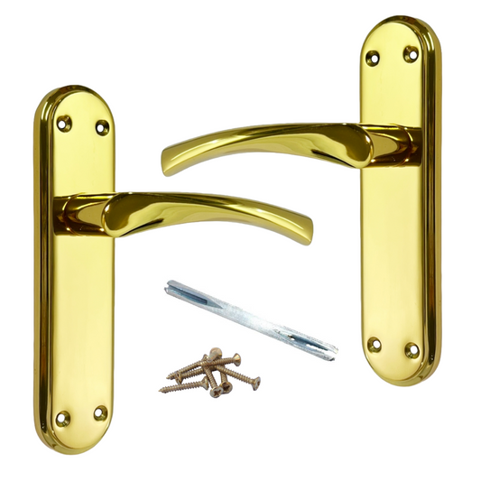 Genova Door Handles Polished Brass Twist Lever Latch on Modern Marina Backplate