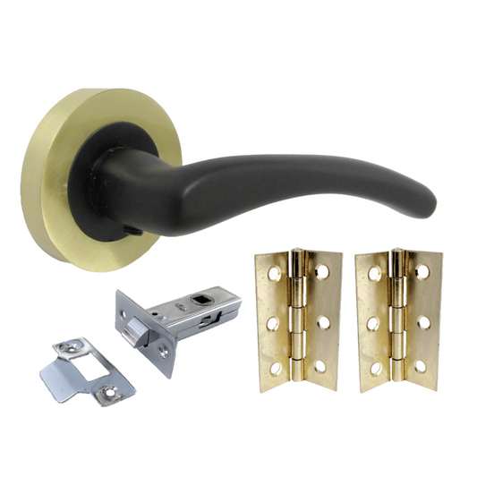 Zena Door Handle Modern Matt Black Lever on Satin Brass Rose Internal + Latch & Hinges