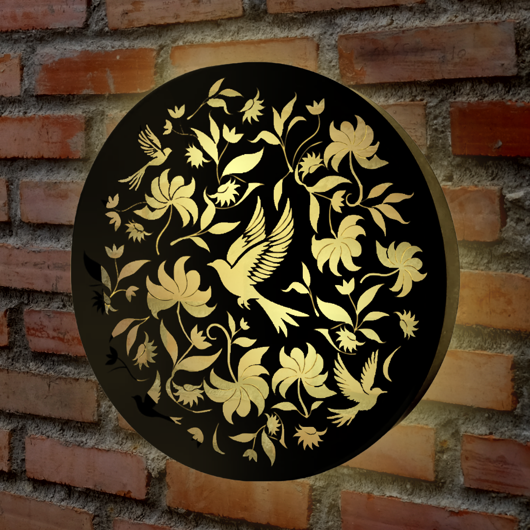 Round Birds Solar Wall Panel Metal LED Garden Decor