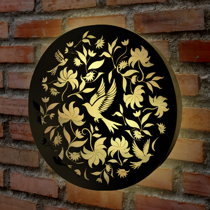 Round Birds Solar Wall Panel Metal LED Garden Decor