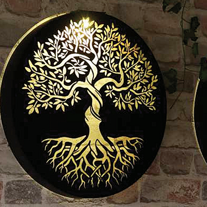 Round Tree of Life Solar Wall Panel Metal LED Garden Decor