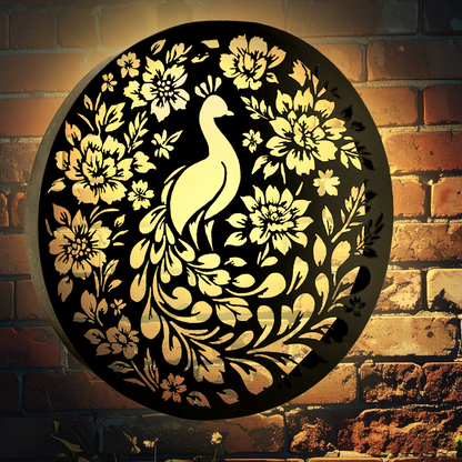 Round Peacock Floral Solar Wall Panel Metal LED Garden Decor
