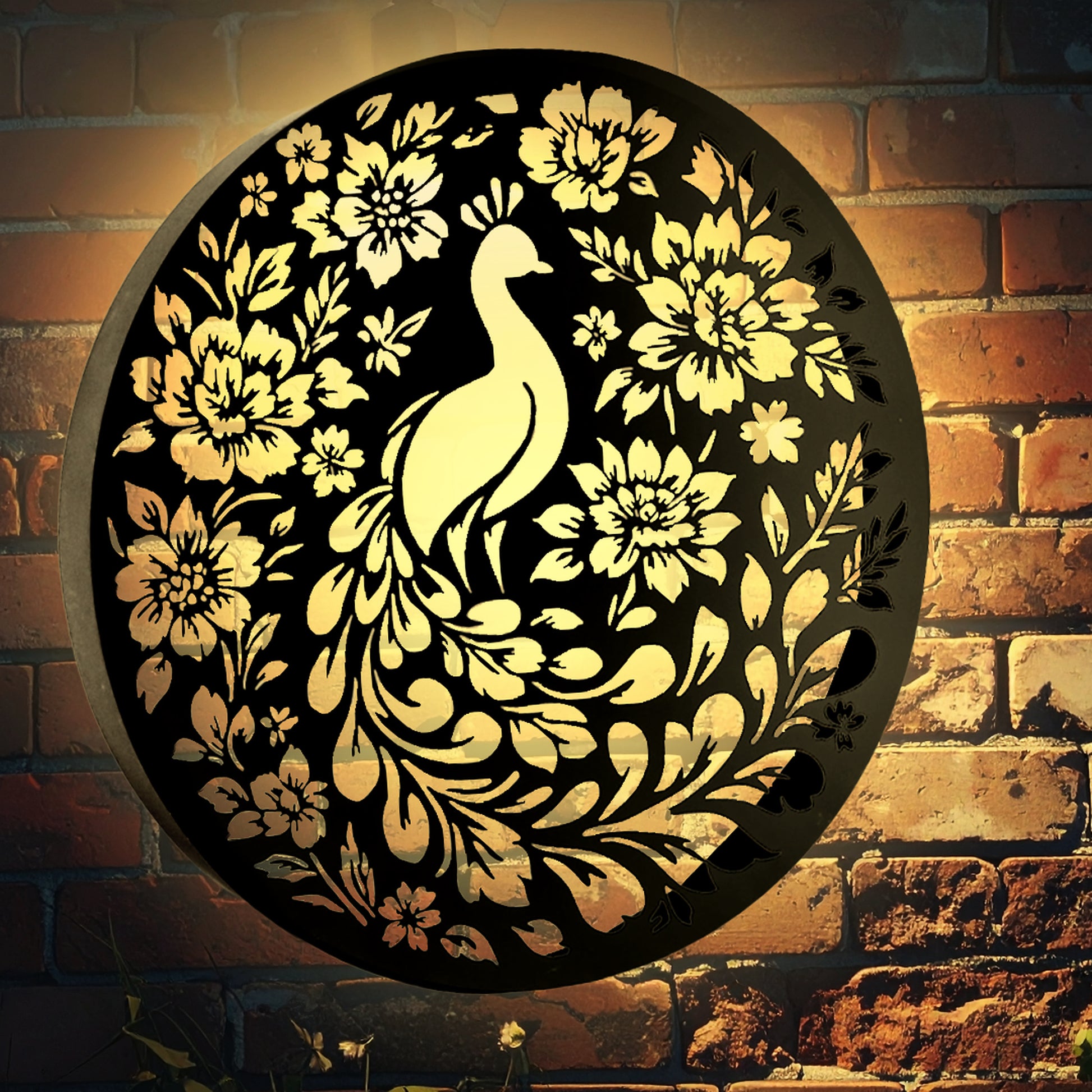 Tesco JPG version for Round Peacock Floral Solar Wall Panel Metal LED Garden Decor - 40cm x 40cm x 5cm