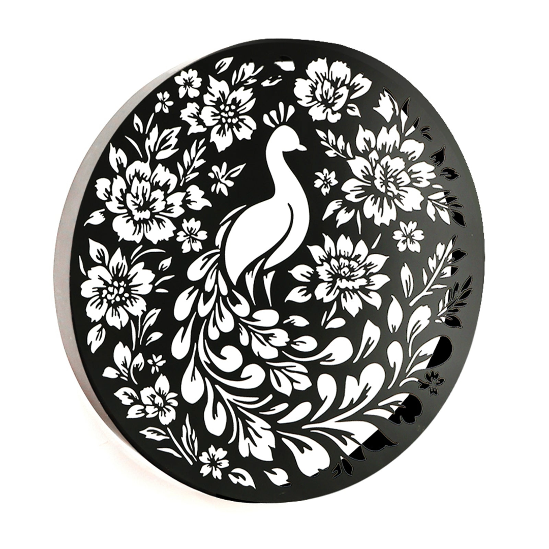 Round Peacock Floral Solar Wall Panel Metal LED Garden Decor