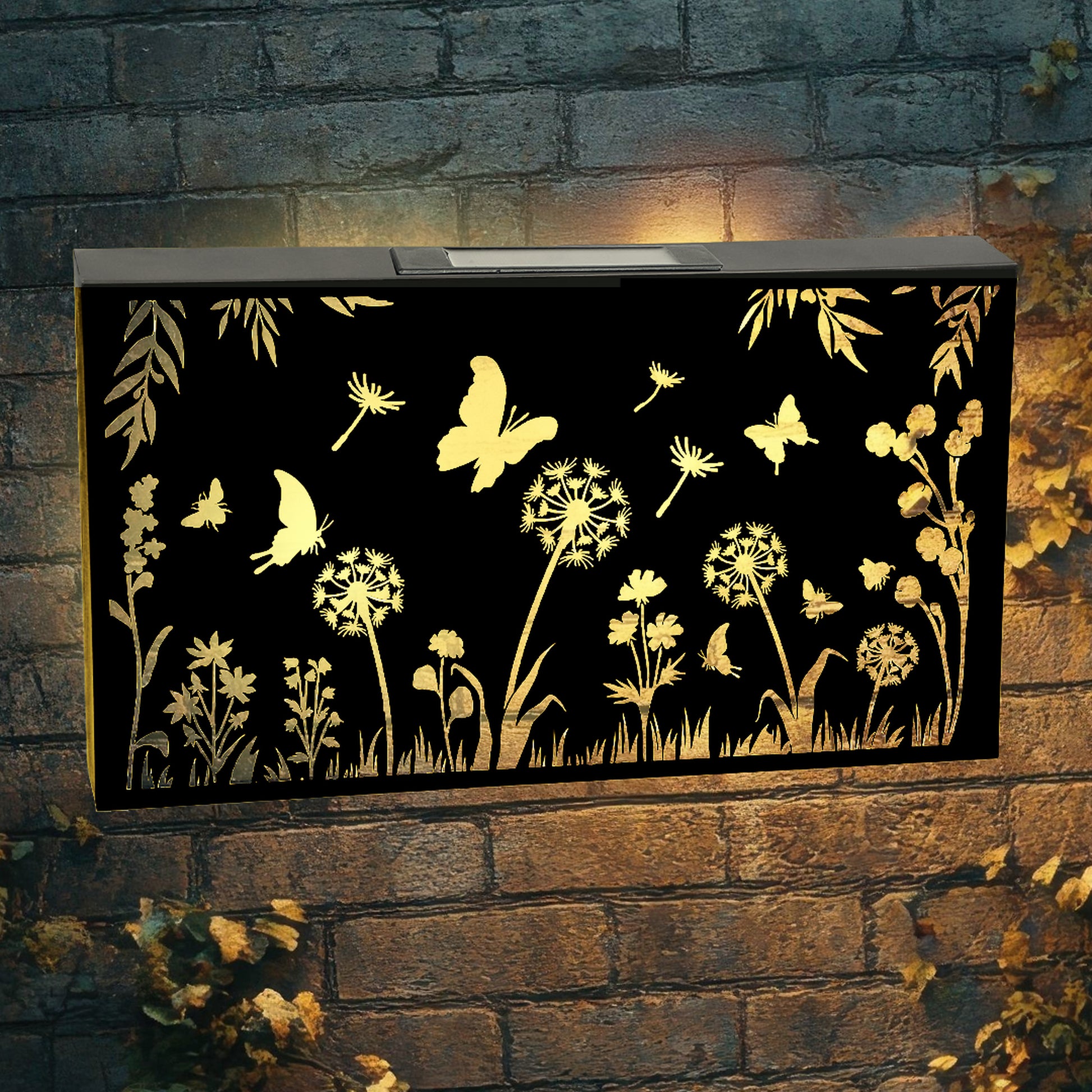 Tesco JPG version for Solar Butterfly Dandelion Wall Panel Metal LED Garden Decor - 25cm x 48cm x 5cm