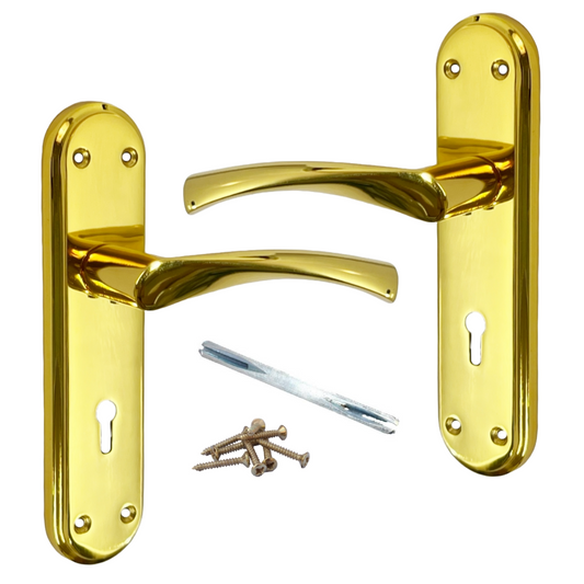 Genova Door Handles Polished Brass Twist Lever Lock on Modern Marina Backplate