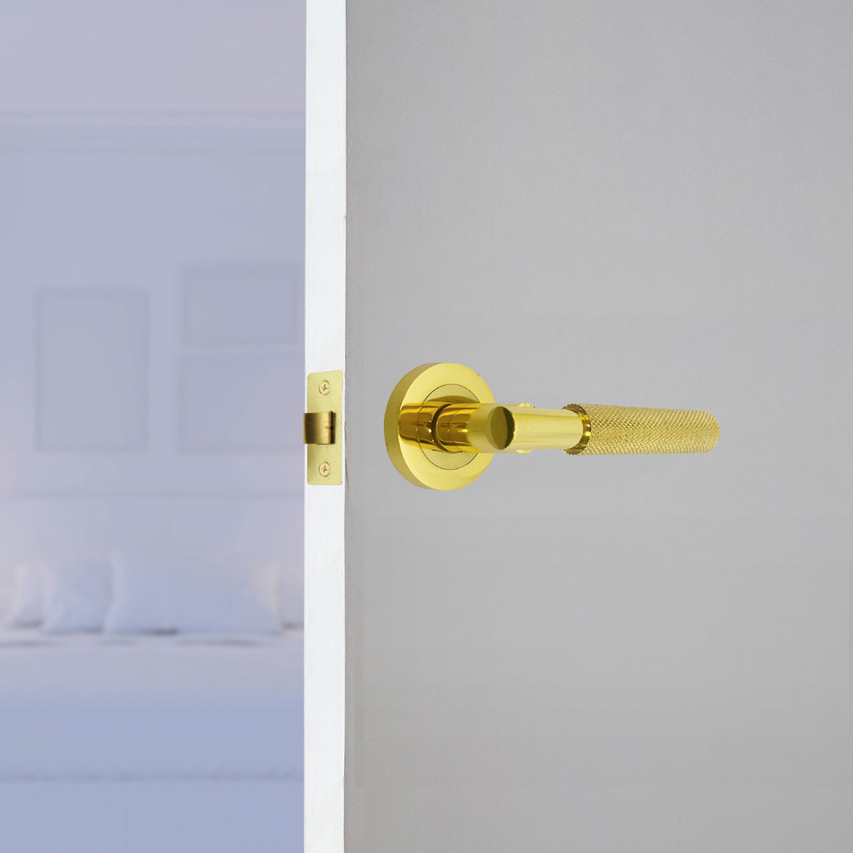 Marketplace JPG companion for Knurled Turning Door Handles Polished Brass Lever on Round Rose Latch Handle Luxe