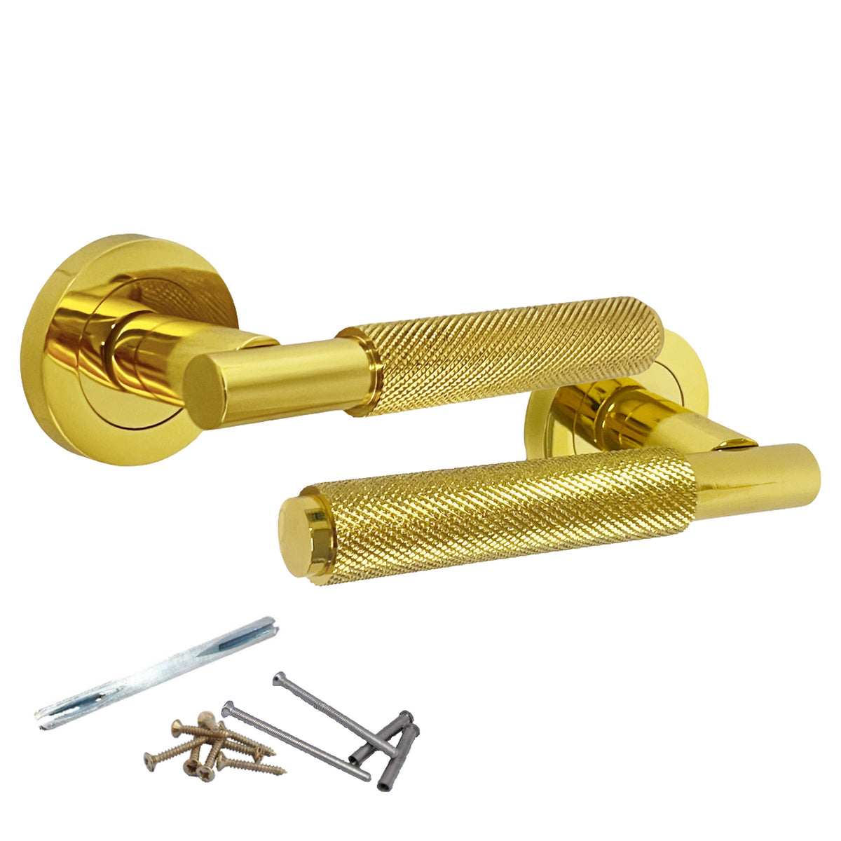 Marketplace JPG companion for Knurled Turning Door Handles Polished Brass Lever on Round Rose Latch Handle Luxe