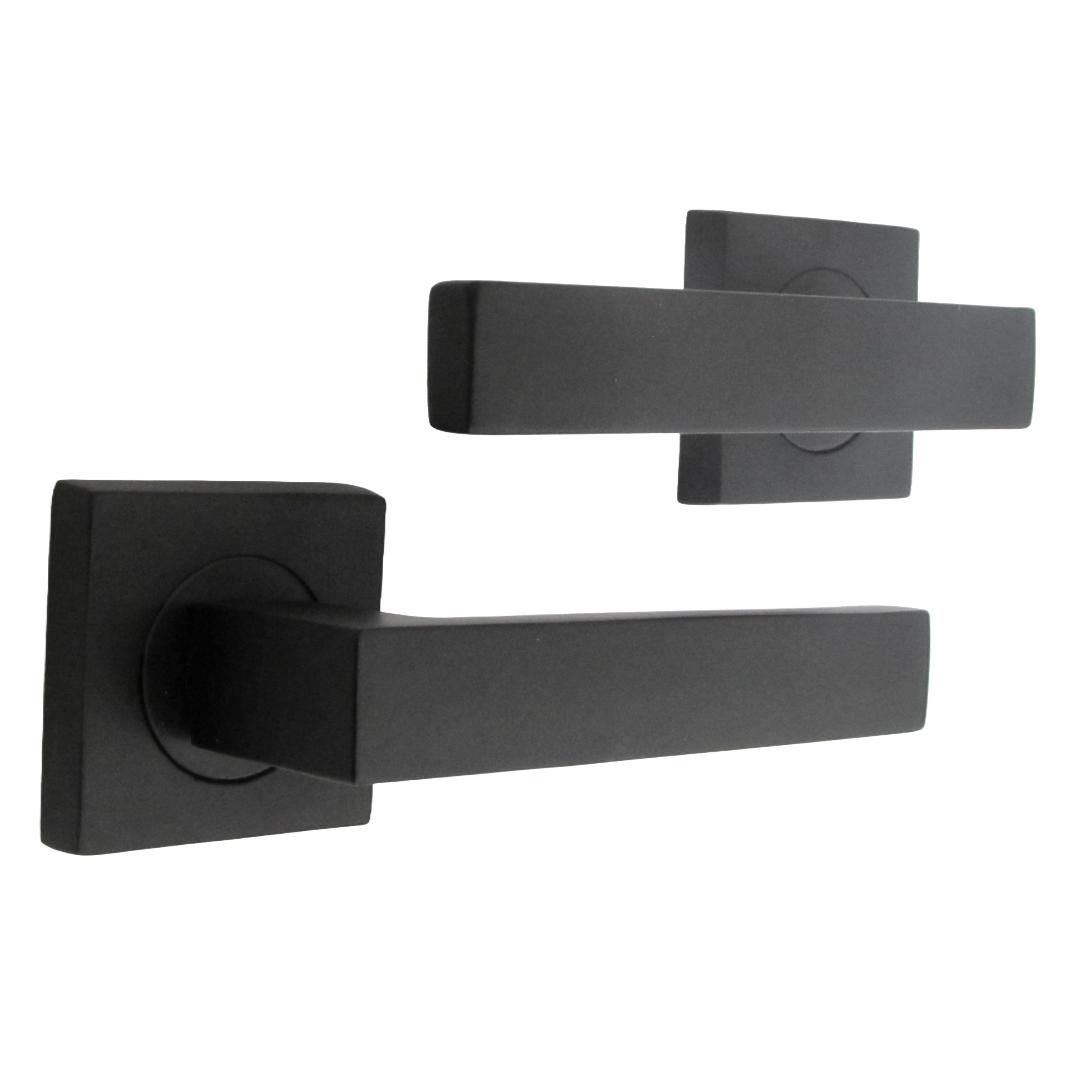 Cafri Door Handle Matt Black Rectangular Lever on Square Rose Internal + 64mm Latch & Hinges