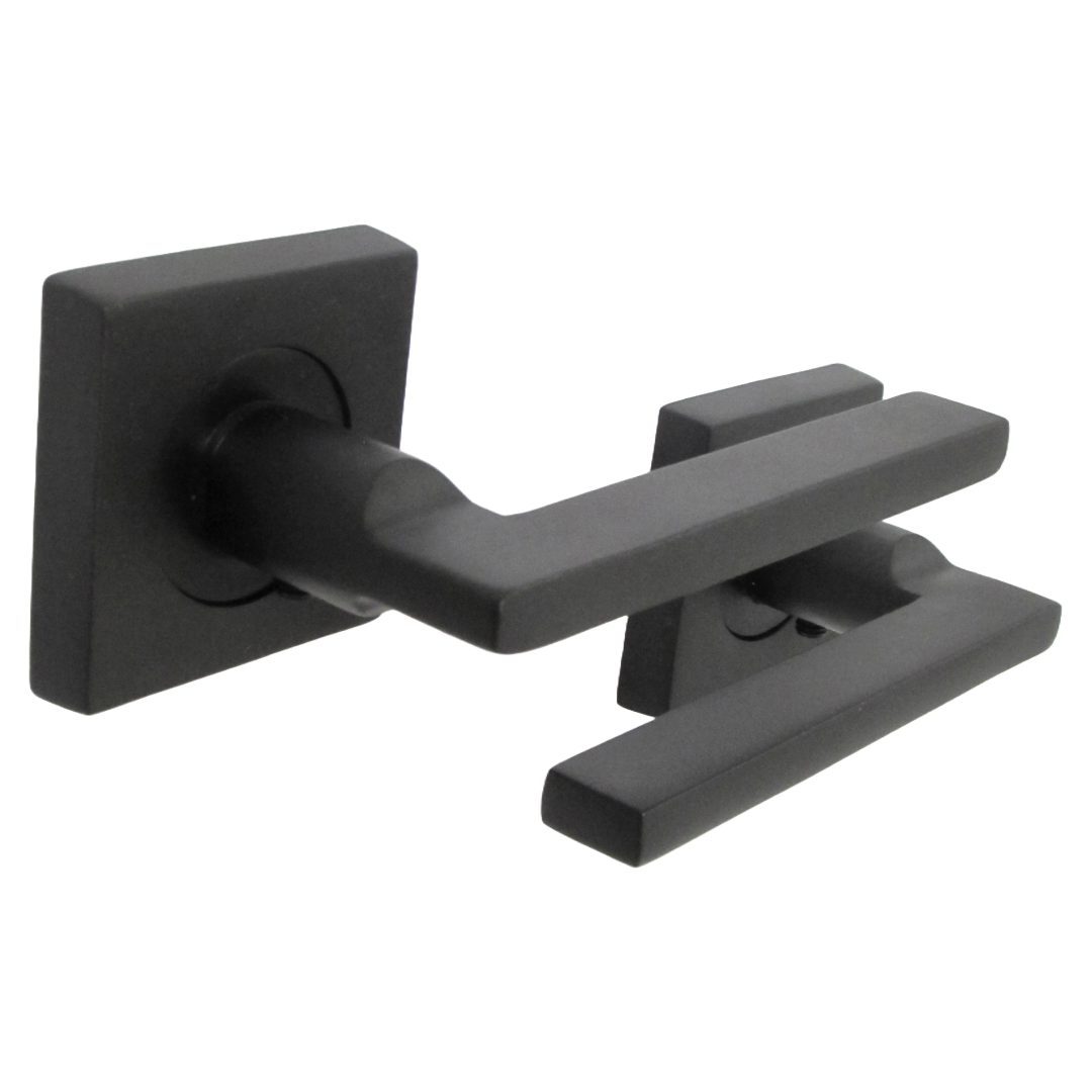 Poignée de porte UNO noire mate à levier sur rosace carrée, poignées intérieures en bois + loquet et charnières de 64 mm
