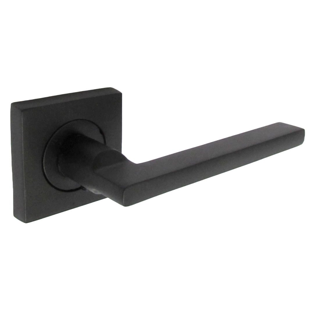Poignée de porte UNO noire mate à levier sur rosace carrée, loquet intérieur, poignées de portes en bois