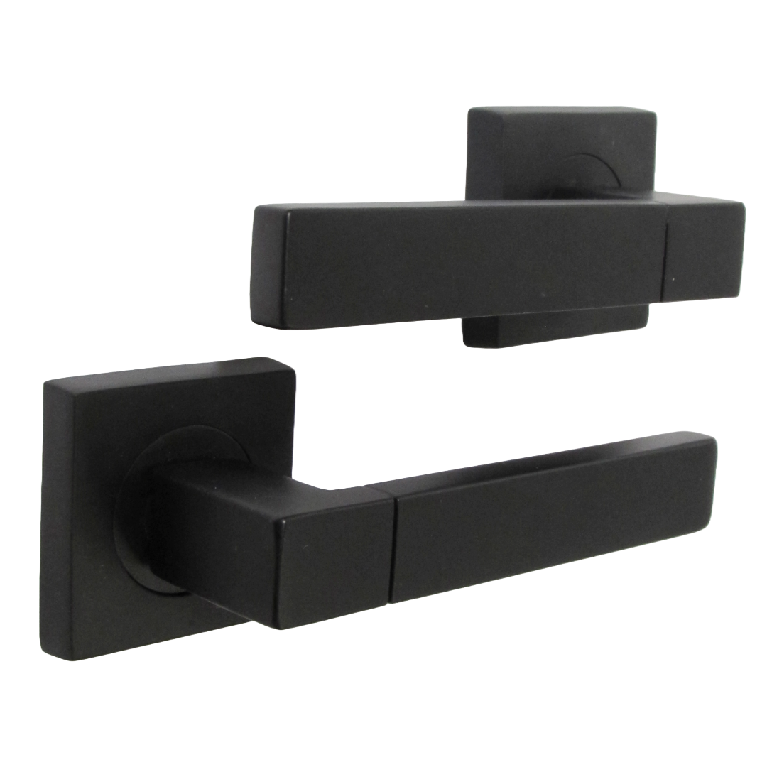 Cafri Line Door Handle Matt Black Lever on Square Rose Internal Wooden Handles + 64mm Latch