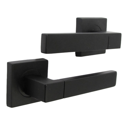 Cafri Line Door Handle Matt Black Lever on Square Rose Internal Wooden Handles + 64mm Latch