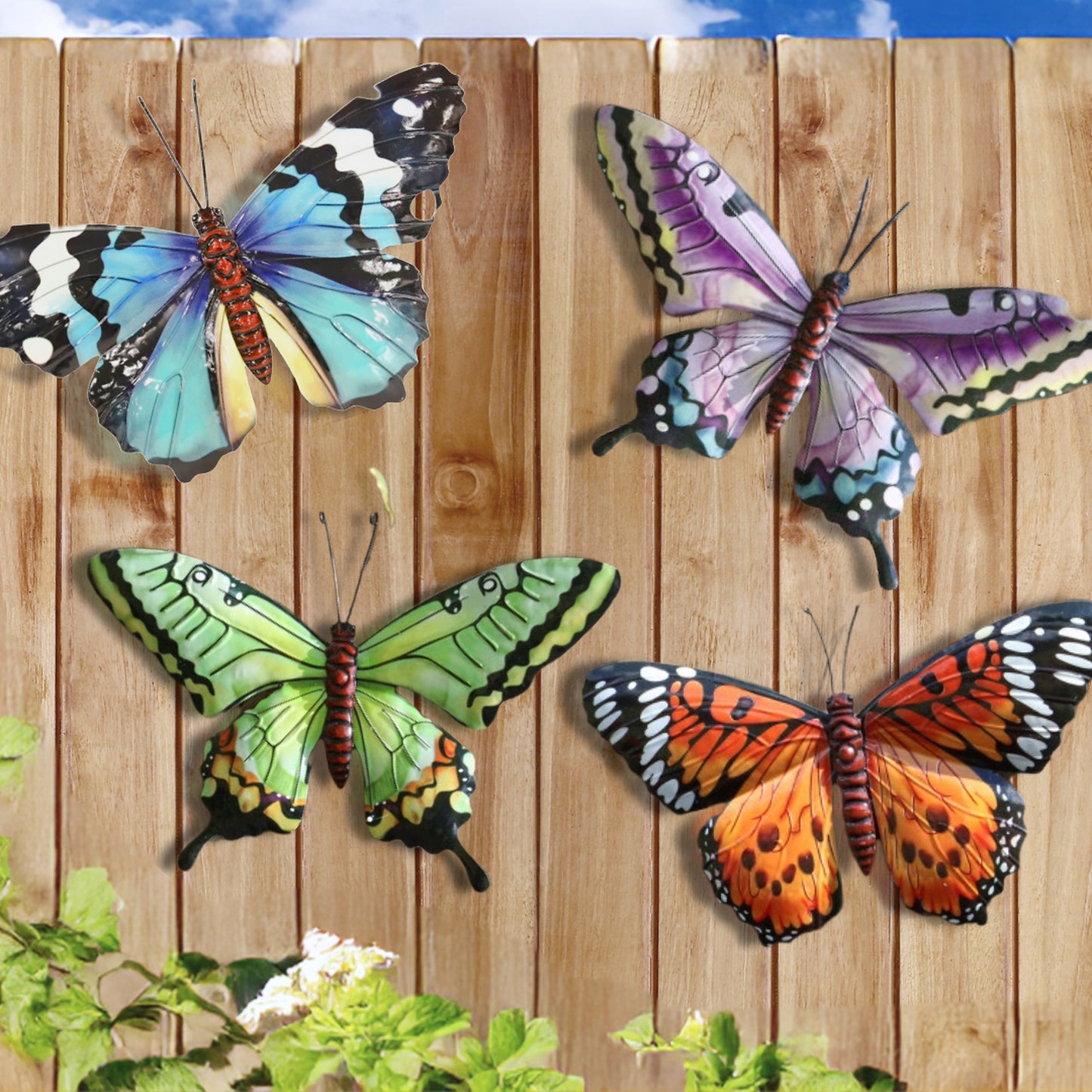 Tesco JPG version for Metal Butterfly Wall Art Decoration - Pink Blue Green Orange Fence Butterflies - 24cm x 34cm x 1cm
