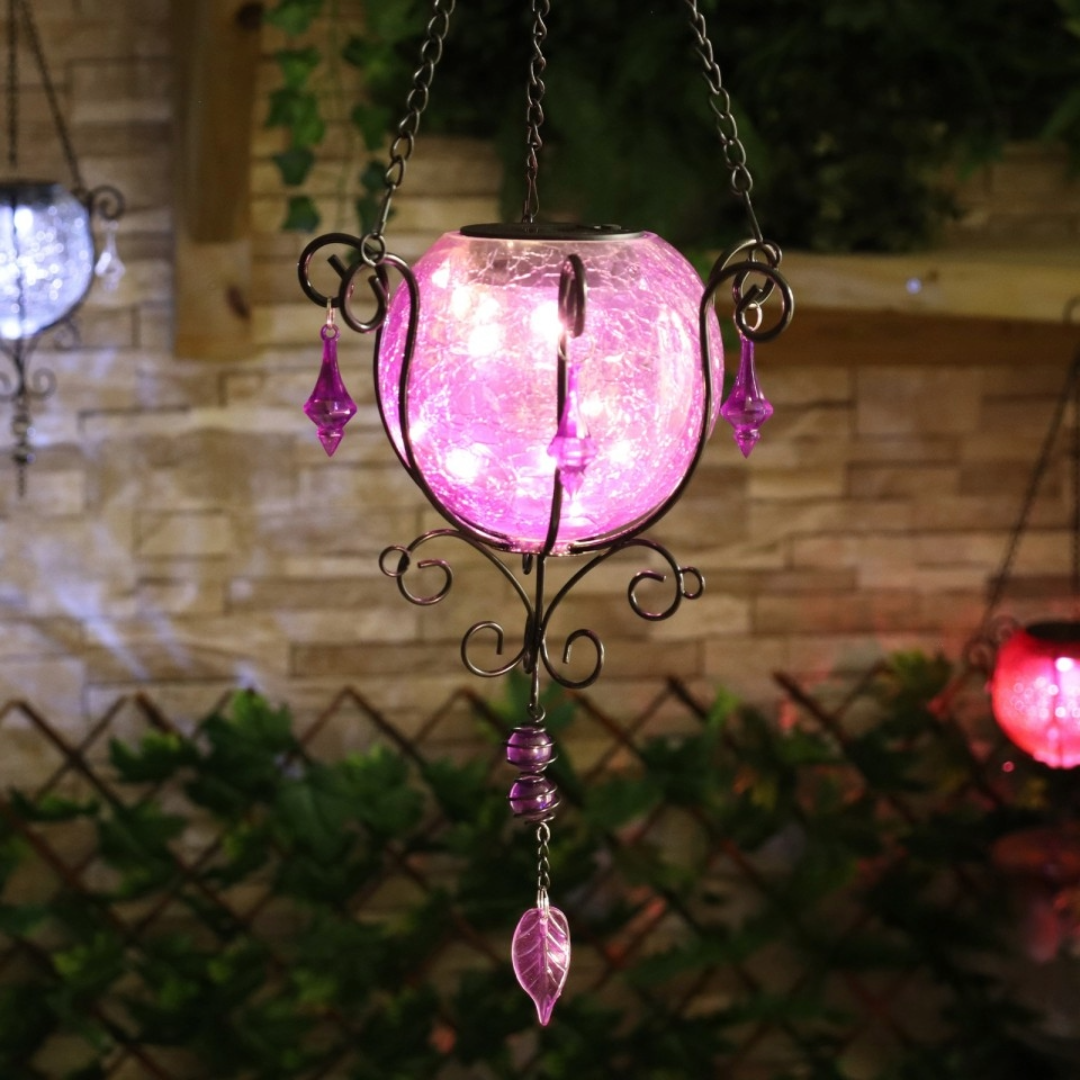 Moroccan Glass Solar LED Light Up Lantern Hanging Garden Outdoor