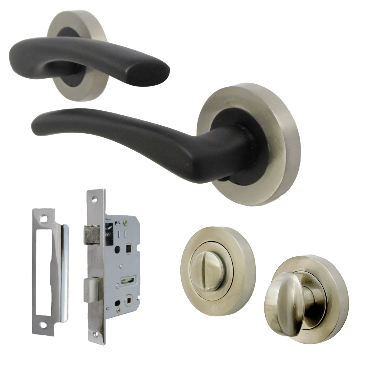 Zena Door Handle Modern Design Matt Black Lever on Satin Rose Internal Latch Handles