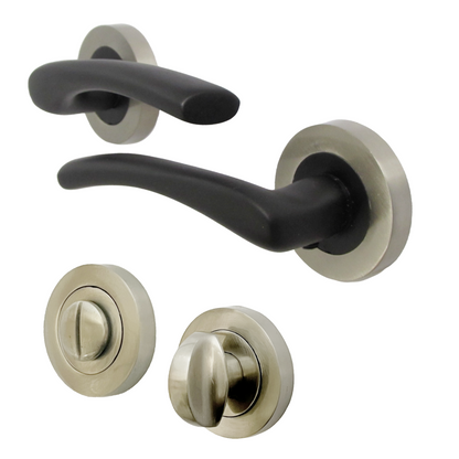 Zena Door Handle Modern Design Matt Black Lever on Satin Rose Internal Latch Handles