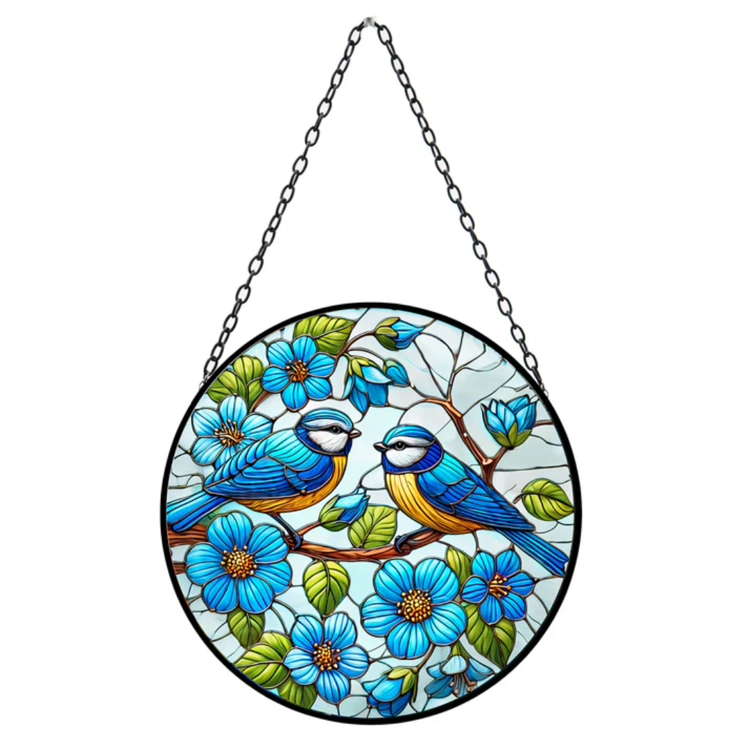 Stained Glass Suncatcher Blue Tit Hanging Round Orbit Garden Decoration
