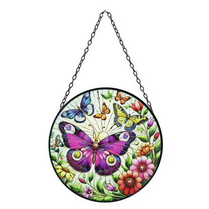 Stained Glass Suncatcher Butterfly Hanging Round Orbit Garden Decoration