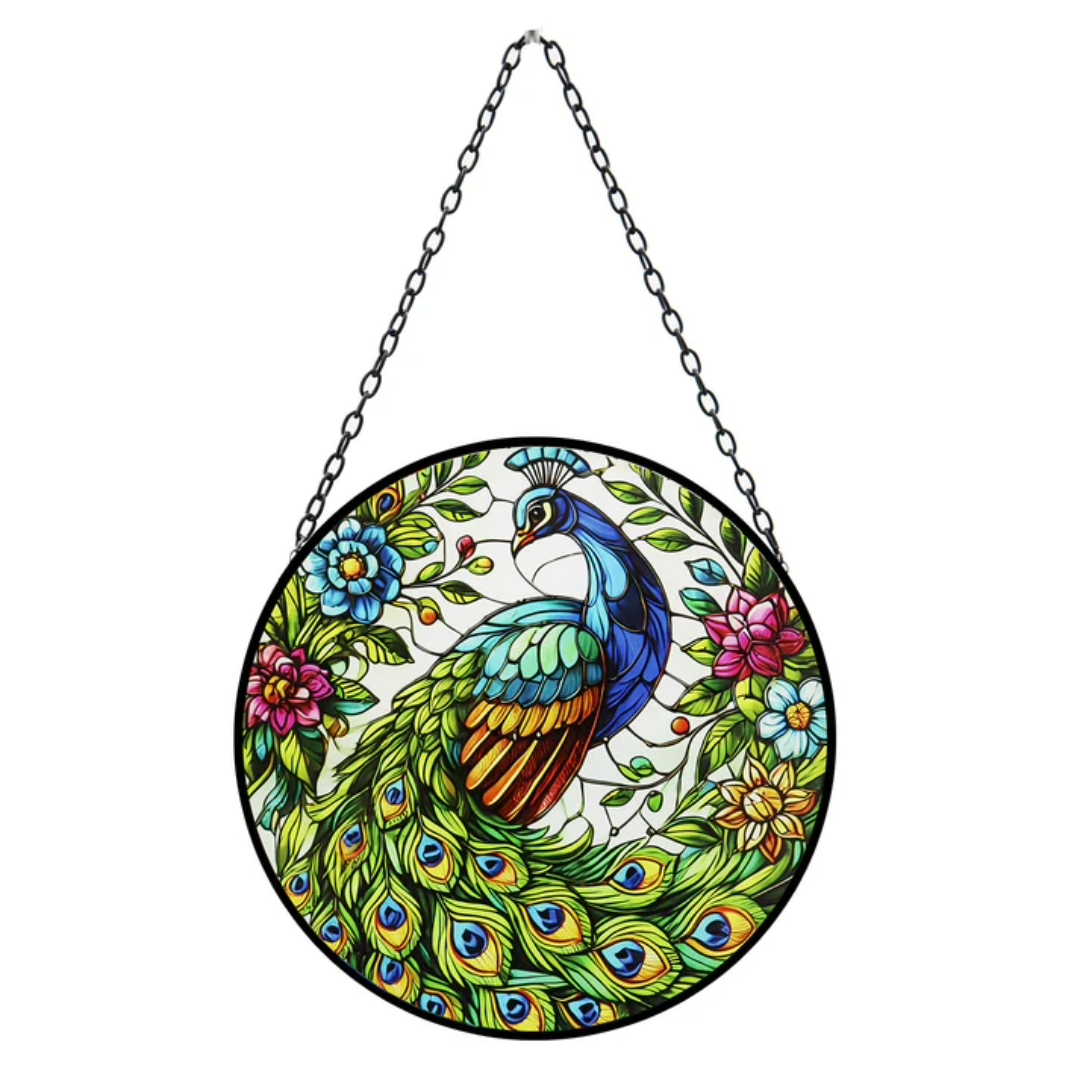 Stained Glass Suncatcher Peacock Hanging Round Orbit Garden Decoration