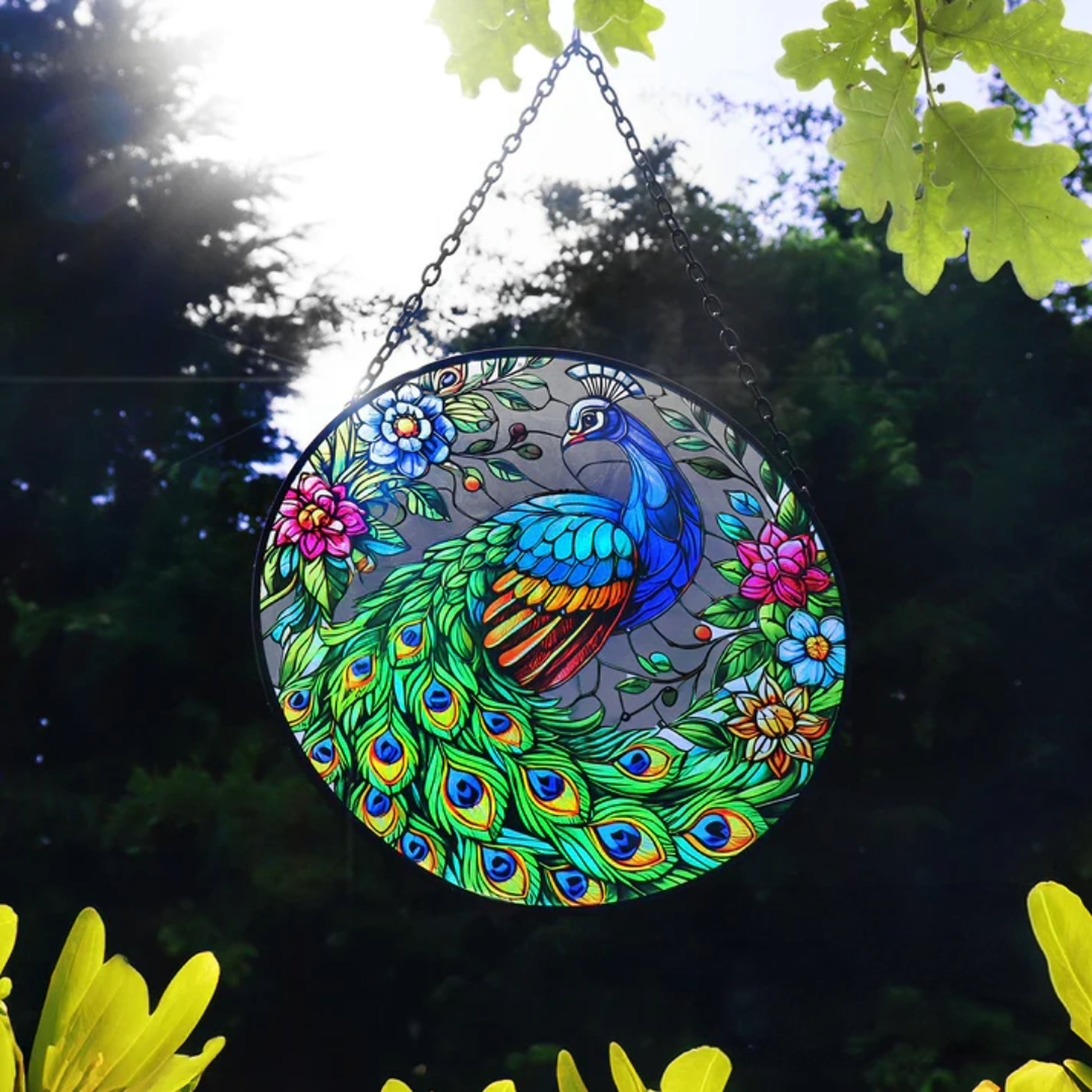 Tesco JPG version for Stained Glass Suncatcher Peacock Hanging Round Orbit Garden Decoration - 48cm x 23cm