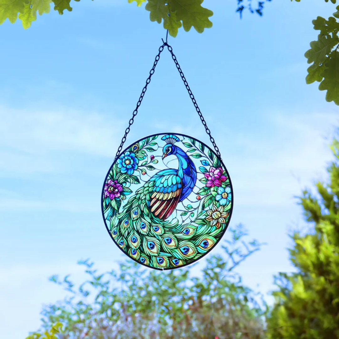 Stained Glass Suncatcher Peacock Hanging Round Orbit Garden Decoration