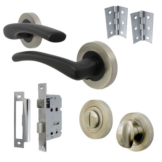 Zena Door Handle Bathroom Set Modern Matt Black Lever on Satin Rose Internal Thumbturn